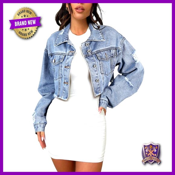 Cropped Denim Jacket Frayed Hem Y2K Retro Chic Button Down Long Sleeve